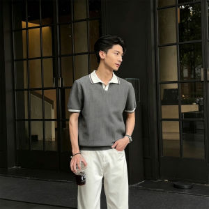 Retro Style Contrast Color Seagull V-Neck Knitted Polo T-Shirt Men Summer Stylish