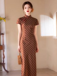 Young Lady Style Wine Red Plaid Qipao New Spring 2025 Elegant Lady Atmosphere Low Slit Artistic Single Qipao Daily Wear Other Material 100%