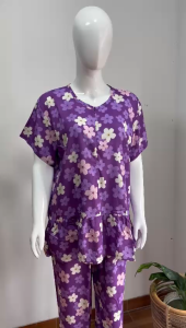 One set Pajamas Ruffle Lengan Pendek celana panjang / Piyama Busui pajamas motif purple flower
