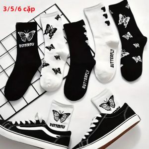 Bộ Tất Dài Đến Giữa Bắp Chân Dành Cho Nữ 3/5/6 Đôi Màu Đen Và Trắng Có Họa Tiết Hình Con Bướm Tất Thấm Hút Mồ Hôi Pha Trộn Polyester Thông Thường