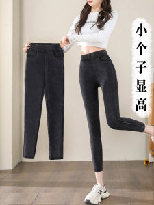 Gray Fleece Lined High Waist Nine-Ten Womens Jeans Spring Autumn Casual Style Eighteen-Length Small Size Friendly Pencil Pants