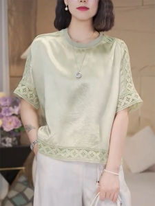 QINGNAER | Light Green Elegant Chinese Style Hollowed Out Crochet Short Sleeve Shirt Plus Size