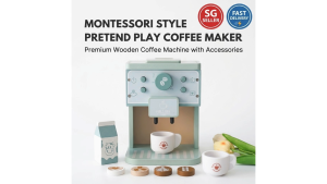 Wooden Coffee Machine Toy | 9-Piece Montessori Style Pretend Play Kitchen Set for Toddlers & Kids