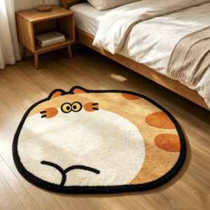 VIKAMA Fluffy Cartoon Cat Rug White Kitten Face Yellow Eyes Soft Anti‑Slip Floor Mat For Living Room Kids Room Home Decor