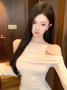 GUZILIAN | Long Sleeve T-Shirt Women Early Autumn Pure Desire Shoulder Bared Base Shirt Inner Wear Short Mesh Top One Shoulder Diamond Necklace