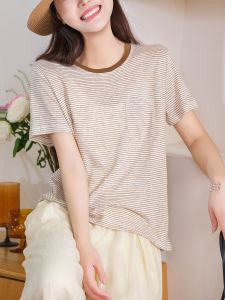 XIAOER | Strong Texture Linen Color-woven Striped Crew Neck Short Sleeve Womens T-shirt