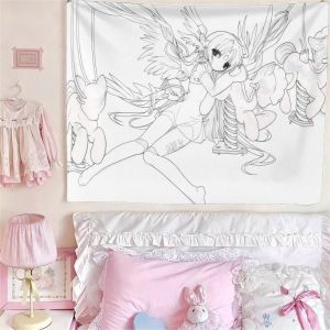 VIKAMA Đen Trắng Anime Thiên Thần Bé Gái Grunge Line Art Tấm Thảm Polyester Mềm Treo Tường Poster Thẩm Mỹ Phòng Ngủ Trang Trí Ký Túc Xá
