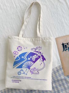 อะนิเมะวันหยุดสุดสัปดาห์ Genshin Impact ผ้าใบกระเป๋าช้อปปิ้งซิปปิดสไตล์ลําลอง Tote กระเป๋าสําหรับเยาวชนพร้อมสายสะพายไหล่ Double Root