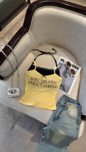 【Buy 1 Take 1】 Boulder Womens fake two-piece camisole top with built-in bra shoulder pads lace border letter print slim fit short sleeveless base shirt Korean street style summer daily casual interior