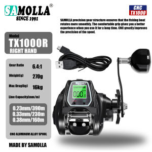 SAMOLLA Large Deep Sea Electronic Fishing Reel Baitcasting Saltwater Waterproof 6.4:1 16KG Drag Catfishing Trolling Metal Base