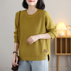 Plus Size Womens Knit Sweater: Loose Fit Round Neck Pullover with Long Sleeves for Autumn and Winter Casual Cotton Blend Material