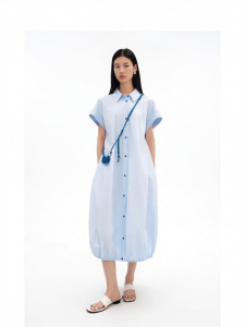 Cotton Classic Turn-down Collar Dress Women Casual Work Wear Floral Hem Long Dress