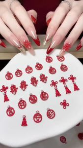 Set charm cô dâu lễ tết màu đỏ trang trí nail 15 đôi