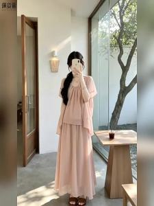 PEIZIXUAN | Đầm Dài Chiffon Màu Hồng Nhã Nhặn