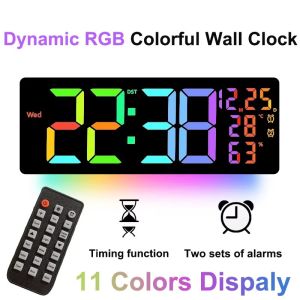 17 "นาฬิกาแขวนผนังดิจิตอลขนาดใหญ่11สีจอแสดงผลและแบบไดนามิก RGB นาฬิกา LED อุณหภูมิวันที่สัปดาห์จอแสดงผลควบคุมระยะไกลนาฬิกาปลุกคู่นาฬิกา