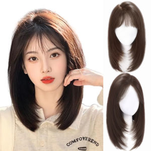 Shoulder Black Brown Layered Synthetic Natural Hair Wigs For Women Body Wave Daily Womens Wig with French Bangs