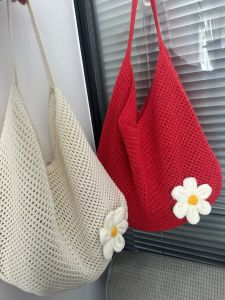 Summer Large Capacity Red Woven Tote Bag Casual Vacation Beach Bag Knitted Bag Underarm Tote Bag Grass Woven Bags