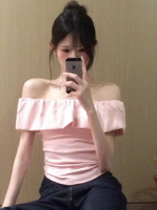 Áo thun BINKAFENNY nữ tay ngắn màu trơn ôm vừa vặn viền bèo nhún