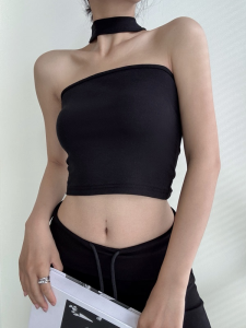 Black Crop Top Strap Vest Women Summer Design Sensual Show Clavicle Inner Short Tube Top Spicy Girl Commute Style Cotton Blend