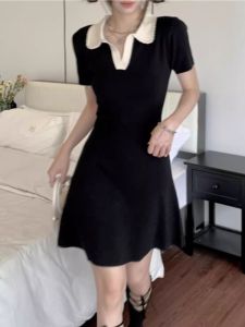 ฤดูร้อน สลิมฟิต โปโลคอ ถัก เดรส ผู้หญิง ทรงเอ Midi แขนสั้น เดรส บล็อกสี โพลีเอสเตอร์ ไฟเบอร์น้ําหนักเบา ลำลอง เดรส