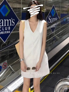 Stylish Sleeveless V-Neck Cotton Linen Vest Women Summer Loose Slimming A-Line Skirt Dress Korean Style Pure Color Midi Dress