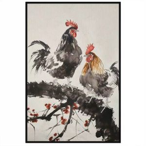 Tranh thủy mặc vợ chồng gà trốnggà mái nghênh xuân cầu đại cát viên mãnTranh treo tường dán tường.CGI-889