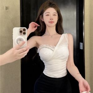 GUZILIAN | Korean Style Elegant Design Lace Mesh Splice Tube Top Womens Slim Fit Versatile Strap Vest Pure White Commute Style Summer