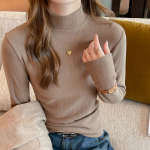 MiiOW | Áo len dệt kim ôm vừa vặn màu trắng cho nữ mùa thu đông cổ cao thường ngày chất liệu lông cừu pha trộn polyester