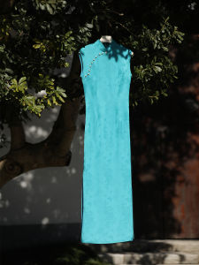 Elegant Blue Sleeveless Cheongsam Dress Unique Beautiful Daily Wear New Chinese Style Long Qipao Gown for Young Women