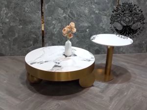 Bàn trà sofa bàn phòng khách bàn cafe nội thất nhập khẩu mẫu bàn đôi mặt tròn trụ bóng phủ inox gold phay xước