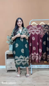 Daster Jumbo LD 140 Norine Motif Printing Rayon Batik Sakura Pekalongan Baju Dress Piyama Panjang Wanita Ibu Remaja Busui Friendly Bumil Putri Cantik