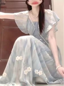 Blue Floral Print Summer New Style Womens Dress with Flying Sleeves Tea Break French Style Pureness Long Skirt High Waist A-Line