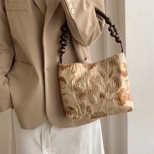 Vintage Floral Jacquard Beaded Handle Hobo Bag