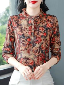 เสื้อเชิ้ตผู้หญิงแขนยาวทรงปกติ คอกลม แขนยาว ผ้าเดนิมสองด้าน ฤดูใบไม้ร่วง/ฤดูหนาว เสื้อชั้นใน อบอุ่น สำหรับคุณแม่วัยกลางคน