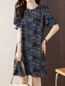 ชุดเดรสยาวแขนพองคอตตอนพิมพ์ลายฤดูร้อน ทรงหลวม ความยาวปานกลาง ชุดเดรสผู้หญิง ชุดทำงาน ชุดลำลอง ชุดทำงาน ชุดเดรสยาว