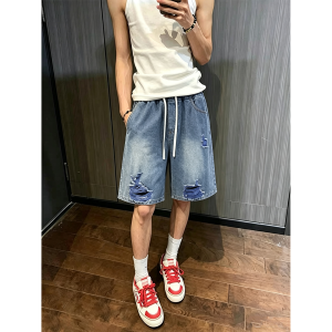 OUMULONG | Light Blue Distressed Loose Fit CleanFit Jeans Shorts