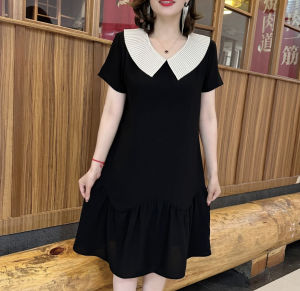 Summer New Arrival Dress Elegant Versatile Peter Pan Collar Letter Flower Slim Looking Fancy Loose Western Style Mid-Length Skirt
