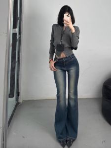 กางเกงยีนส์ทรงขาบานเอวต่ำสีน้ำเงินเข้มสำหรับผู้หญิงไซส์ใหญ่ กางเกงขายาวทรงสลิมฟิต กางเกงขายาวทรงขาบาน