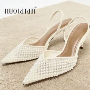 Mesh String Bead Brand Slingback High Heels Sandals for Women Designer Shoes Woman Elegant Style Wedding Party Pumps