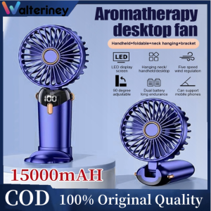 Walteriney 15000mAh Kipas Angin Portable Mini USB Lipat / LED Display Portable Handheld Fan 5-Speed Wind Leher Kipas Dengan Aromaterapi