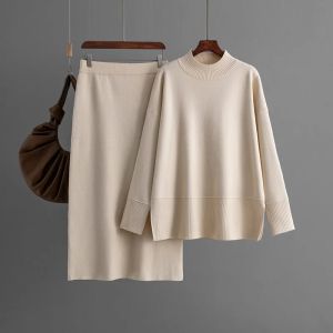 Autumn Winter Women Half High Neck Knit Pant Sets Lady Elegant Loose Sweater 2-piece Set Casual Loose pullover Womens Clothing