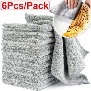 6PCS Microfiber Kitchen Towels Bamboo Charcoal Dishcloth Anti-grease Wipping Rags Wipes Non Stick Oil Household Cleaning Towel