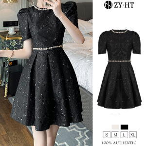 ZYHT EraVogue Women's Black Cream A-Shaped Puffed Sleeve Dress