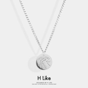 Round Brand Necklace Pendant Titanium Steel Couple Cats Paw