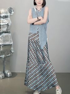 Elegant Blue Summer Dress Set Womens Fashionable Maternity Two-Piece Suit Young-At-Heart Lightweight Vest And Halter Dress