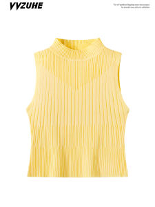 Áo Len Dệt Kim Màu Vàng Thời Trang Cổ Cao Nửa Lưng Cho Nữ Mùa Thu Ôm Vừa Vặn Vai Áo Khoác Ngoài Thường Ngày