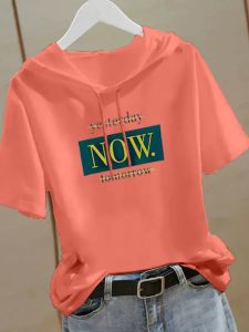 Early Autumn Pure Cotton Hooded Patchwork Short-Sleeved T-shirt Womens Summer New Arrival Loose Print Younger Fashion Mom Wear Tops