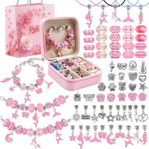 68pcs pink beaded jewelry set charm bracelet making set with pink jewelry box for birthday Christmas Chinese New Year jewelr