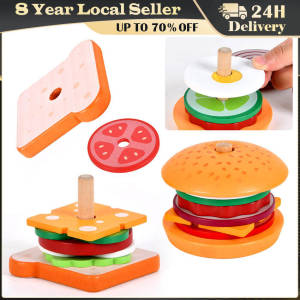 Wooden Sandwich Burger Sorting Stacking Toys Simulated Kitchen Toys Montessori Hamburger Toy for Kids Preschool Education