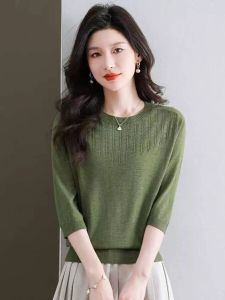 Thin Knitted Mid-Sleeve T-Shirt Womens Base Layer Top Half Sleeve Summer Fashion Moms Shirt Spring Autumn Wear Commute Style